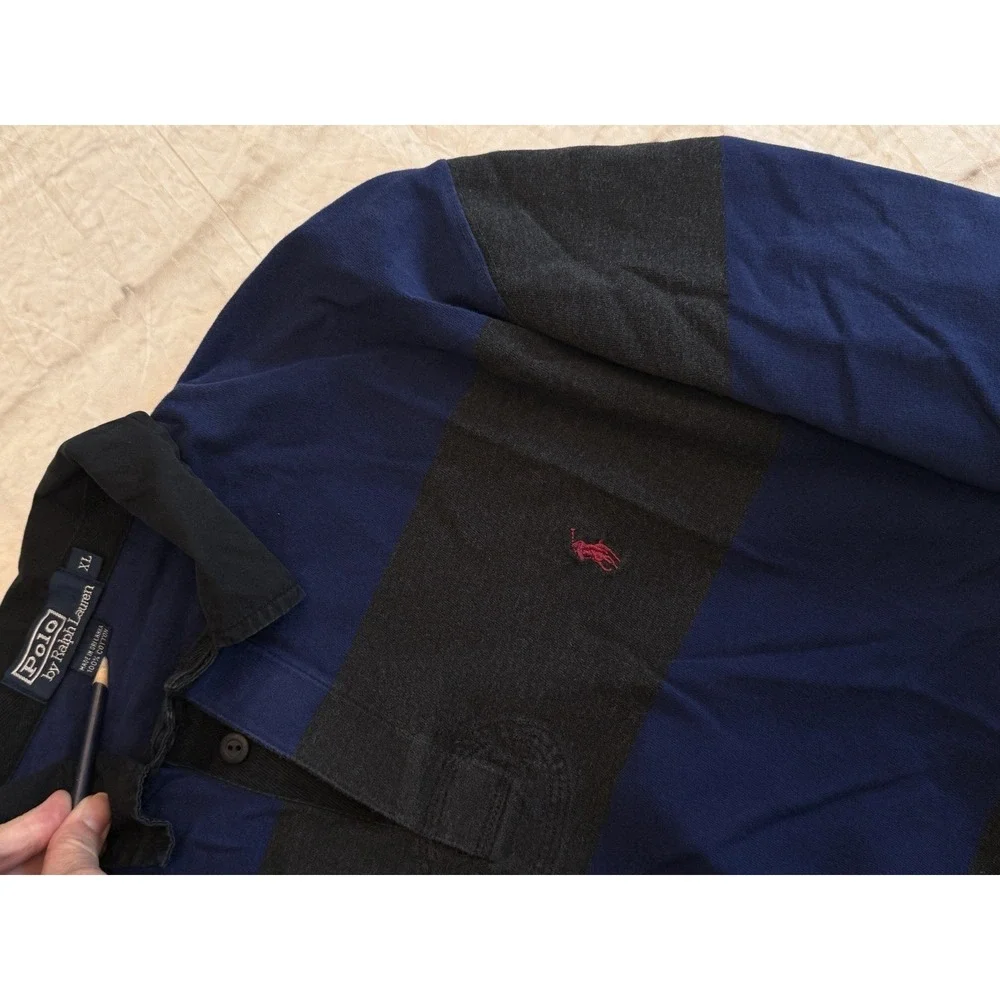 VTG 90s Polo Ralph Lauren Blue Gray Stripe Rugby Shirt Sz XL‎ Preppy Classic